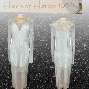 House of Harlow 1960 L Gray Sheer Mesh Crystal Detail Long Sleeve Maxi Dress